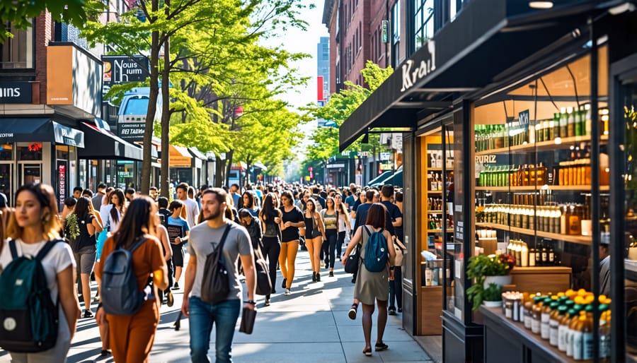 A busy Toronto street featuring a multicultural crowd and wellness shops displaying kratom products, highlighting the city's dynamic embrace of natural wellness trends.