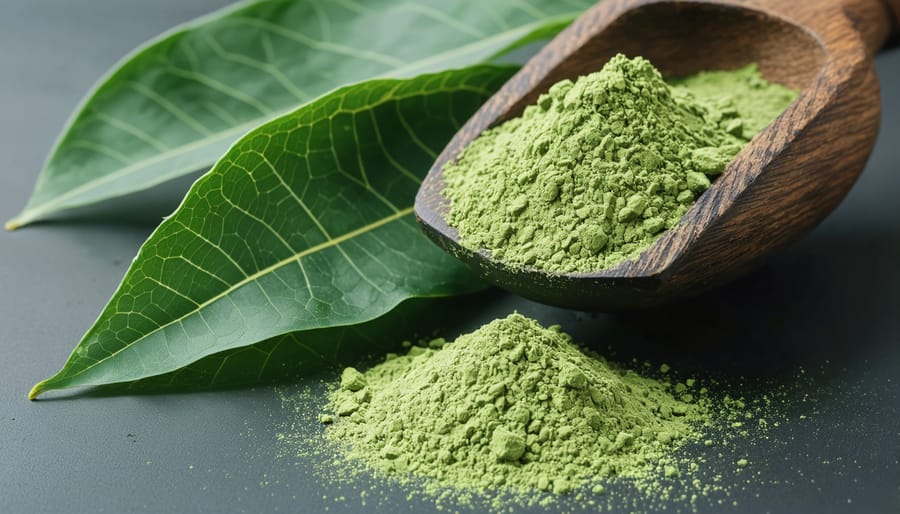 High-quality kratom powder and dried leaves displayed for quality inspection