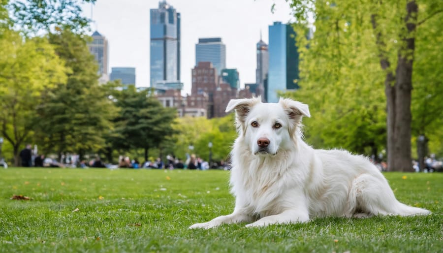 Peaceful dog resting in Toronto park with CN Tower visible in background