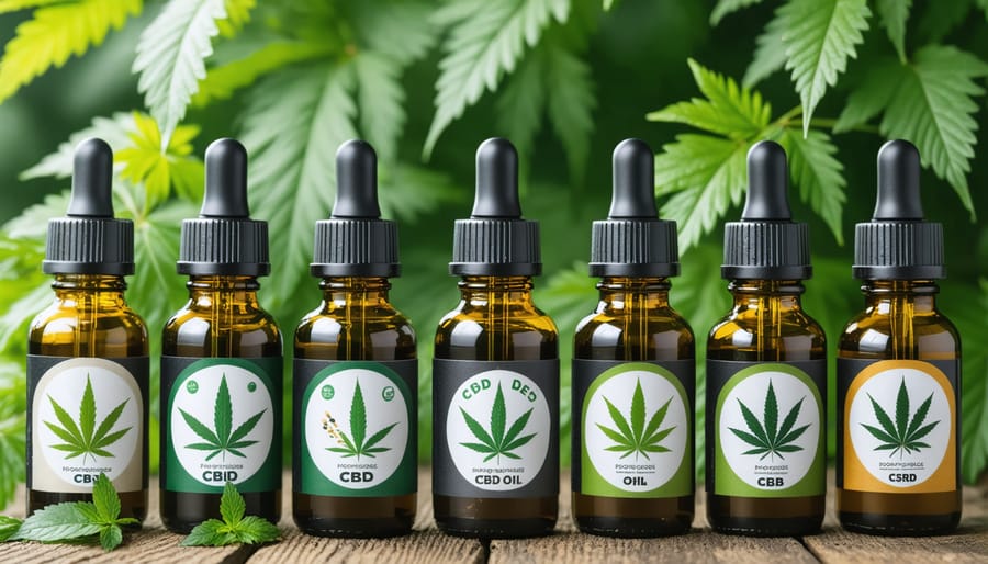Collection of pet-specific CBD oil bottles and tinctures with quality certifications
