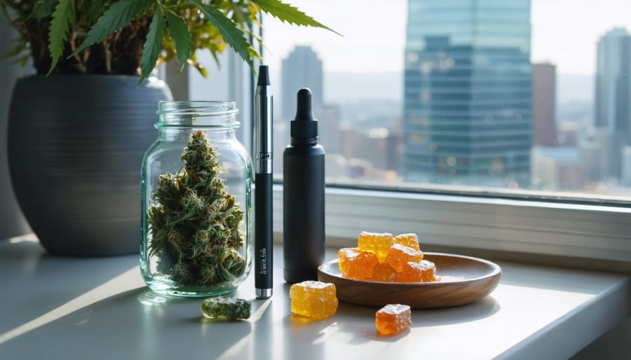 Close-up of unbranded cannabis flower in a glass jar, a vape pen, and gummies on a wooden table by a window, with the CN Tower and Toronto skyline softly blurred in the background under natural daylight.