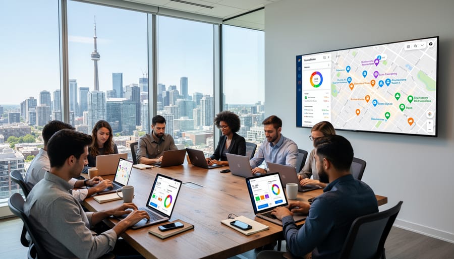 Professional working on laptop with Toronto skyline visible through office window
