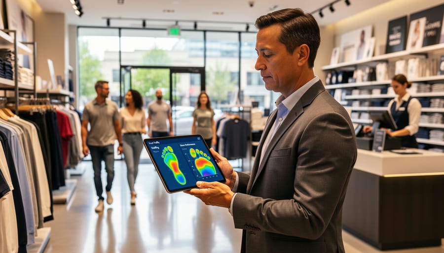 Store manager analyzing retail data on tablet while standing in organized shop floor