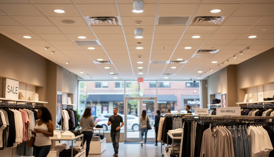 Ceiling-mounted foot traffic sensor in modern retail store interior