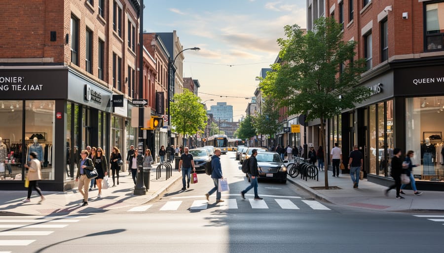 Customers entering and exiting retail store on busy Toronto shopping street