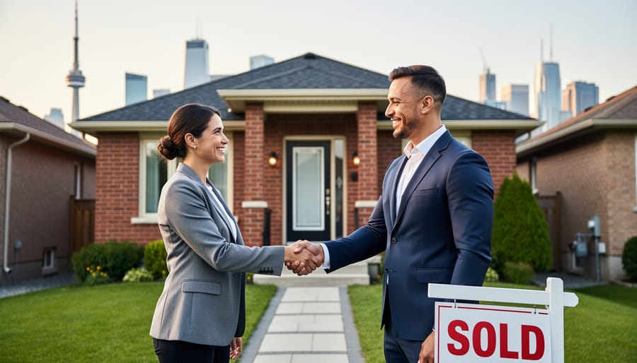 Business handshake with house keys and documents on table representing real estate transaction