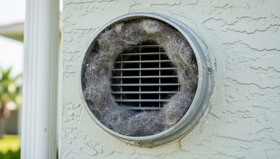 Close-up of a homeowner inspecting a dryer vent outlet with visible lint around the exhaust opening