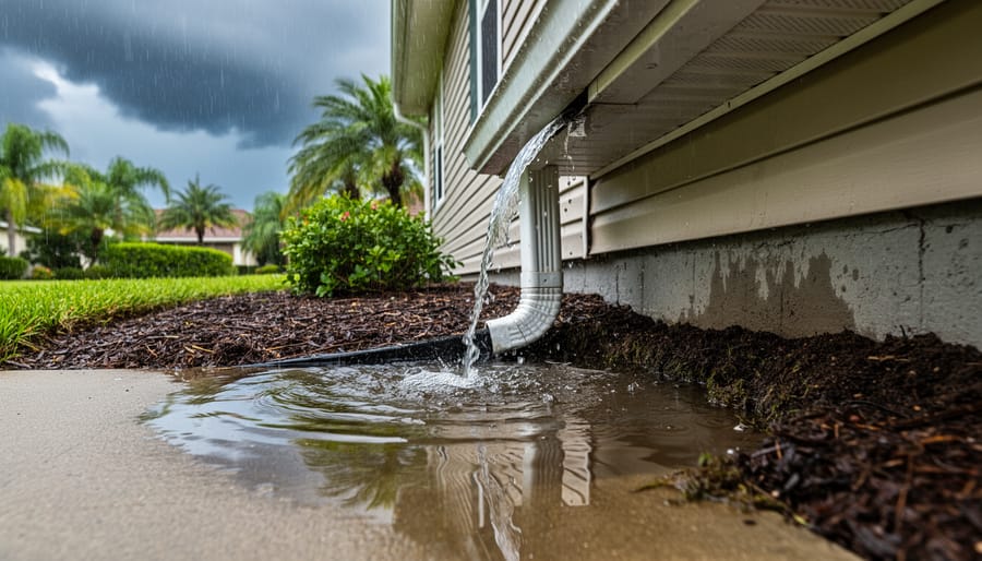 Rainwater pooling near gutters and downspouts on a Florida home exterior