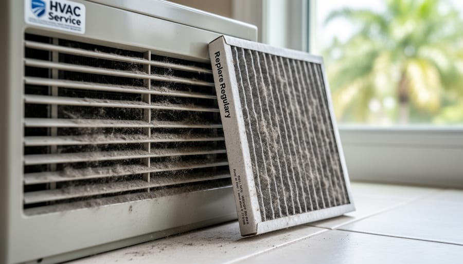 Used HVAC air filter and dusty air return grille shown during home maintenance
