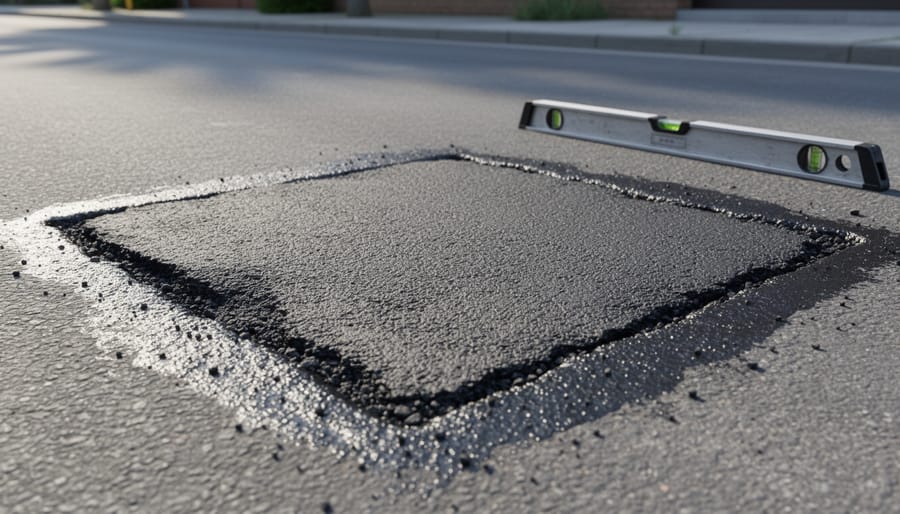 Cold-patch asphalt being spread into a pothole on a residential driveway with a hand trowel.