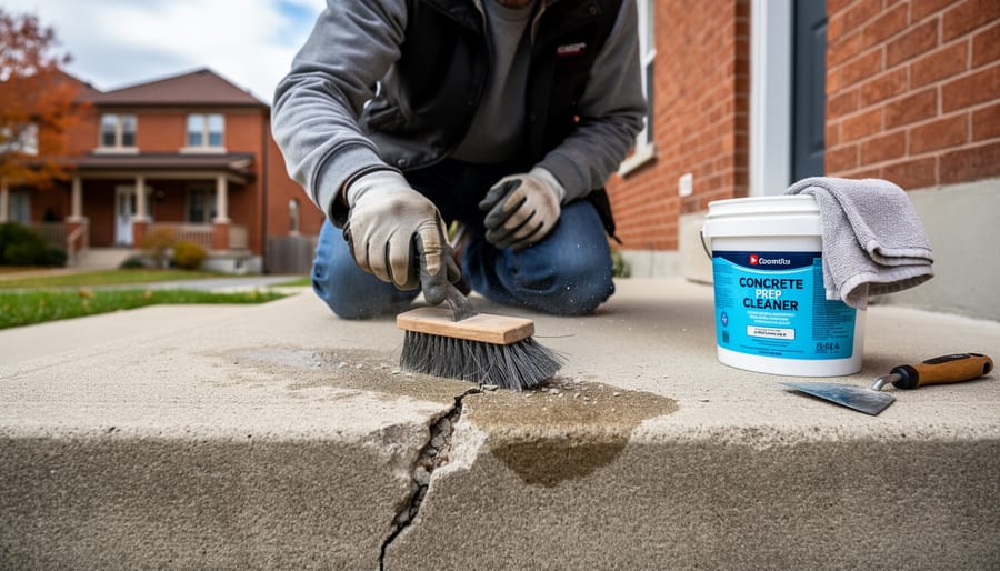 Gloved person cleaning a cracked driveway surface with a wire brush and crack-chasing tool.
