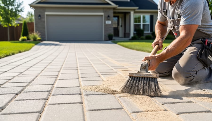 Hands pressing an interlocking paver back into place with sand visible between paver joints.