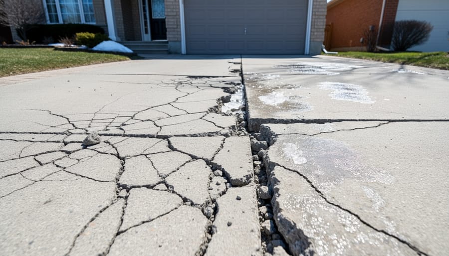 Residential driveway in Toronto with visible cracks, a pothole, and sunken areas near the edge.