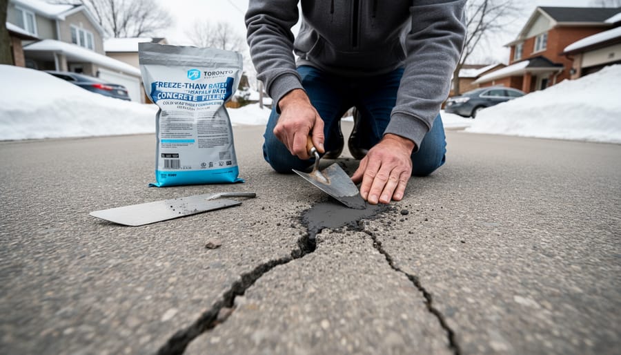 Close-up of a person kneeling on a Toronto driveway with cracked asphalt and concrete, using a trowel and freeze-thaw rated patch material for repair.
