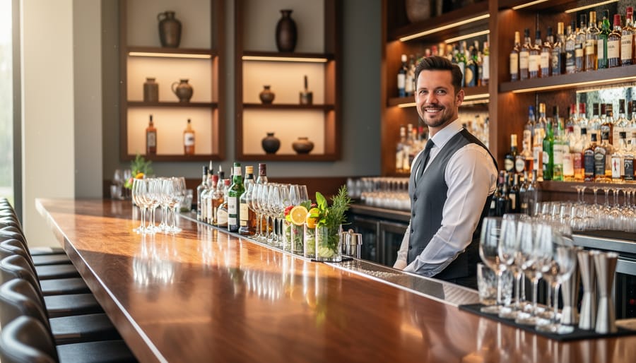 Bartender cleaning and preparing drinks at a beach bar with a spotless counter and garnishes