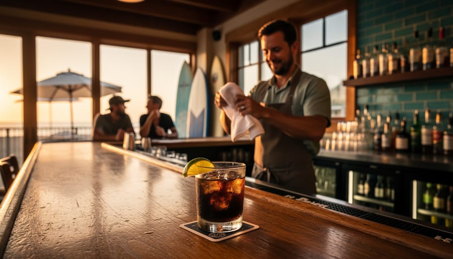Sunset-lit beach bar with a bartender behind a worn wooden counter and a dark drink with lime in the foreground.