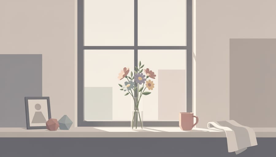 Close-up of hands placing a vase of fresh flowers on a windowsill beside a closed photo album in a new apartment