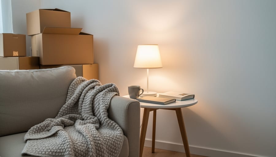A quiet rented living room with a lit lamp, neutral throw blanket, and stacked boxes suggesting a fresh start in Toronto