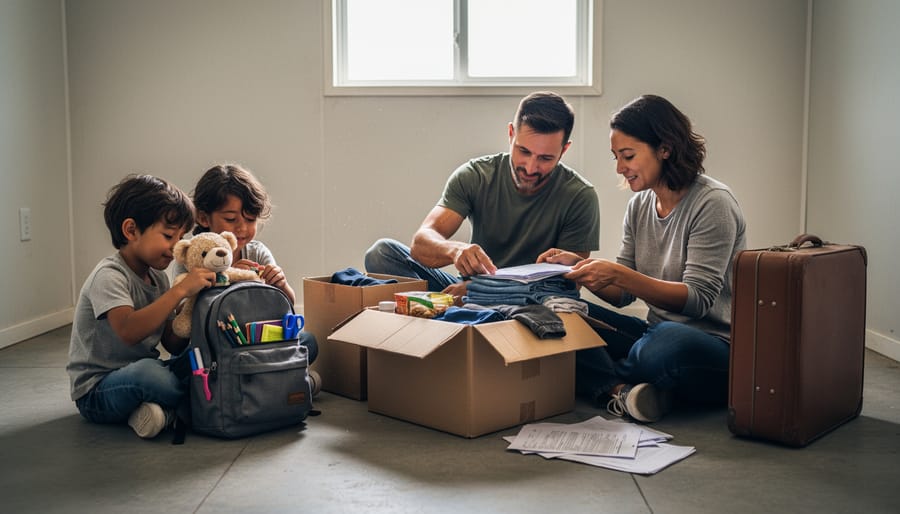 A family packing essential items like blankets and a photo frame into moving boxes in a living room after a house fire
